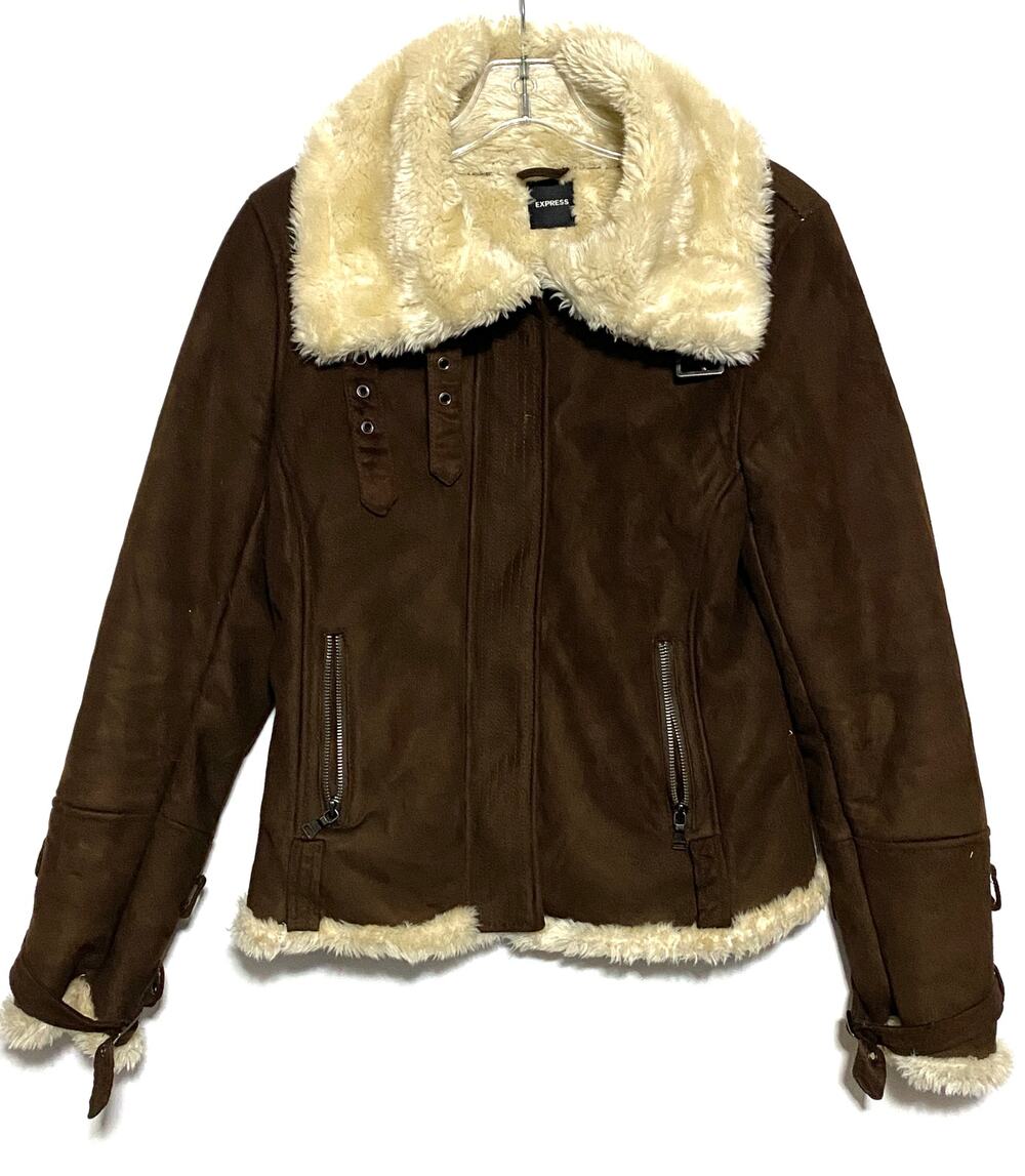 Express Faux Suede Faux Shearling Zip Jacket Womens S Brown Aviator Buckle Y2K